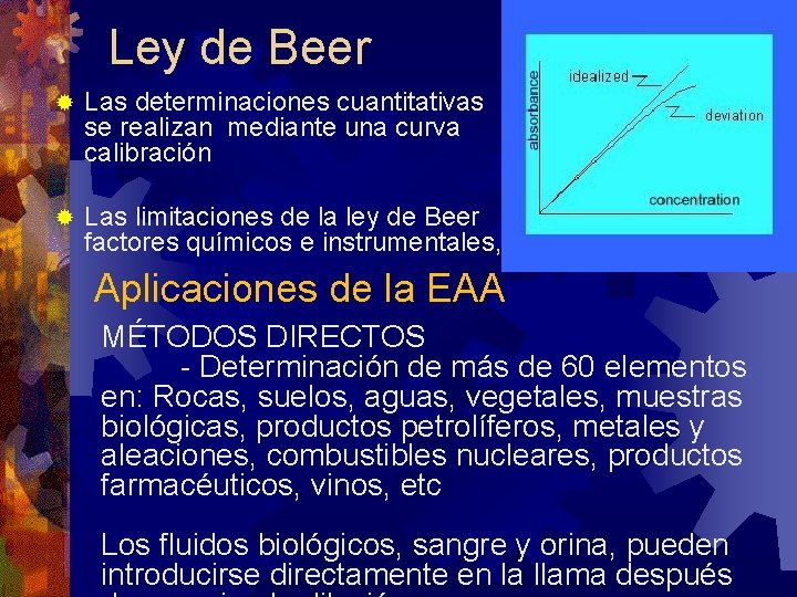 Ley de Beer ® Las determinaciones cuantitativas se realizan mediante una curva calibración ®
