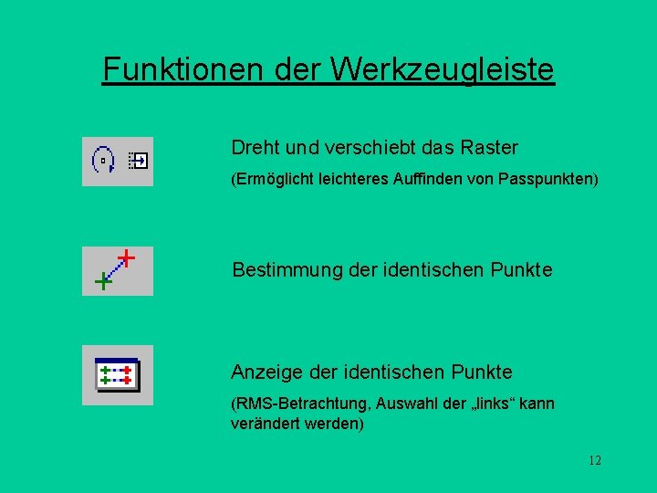Funktionen der Werkzeugleiste Dreht und verschiebt das Raster (Ermöglicht leichteres Auffinden von Passpunkten) Bestimmung