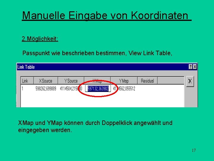 Manuelle Eingabe von Koordinaten 2. Möglichkeit: Passpunkt wie beschrieben bestimmen, View Link Table, XMap