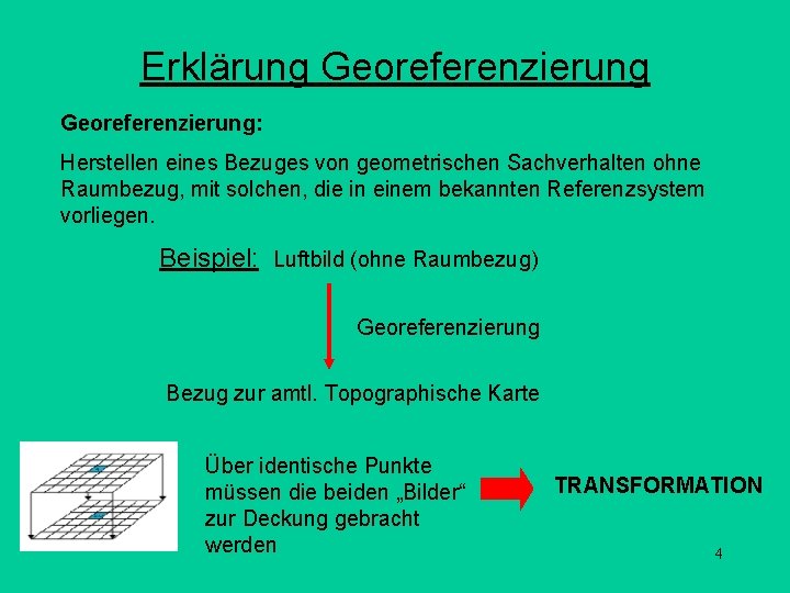 Erklärung Georeferenzierung: Herstellen eines Bezuges von geometrischen Sachverhalten ohne Raumbezug, mit solchen, die in