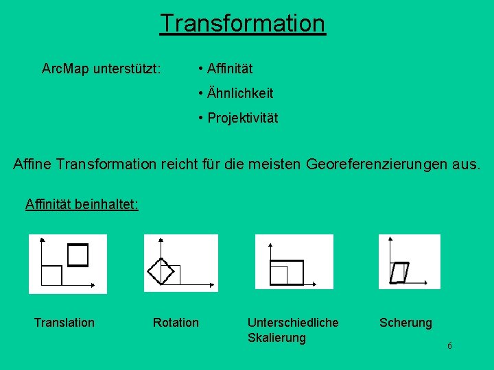 Transformation Arc. Map unterstützt: • Affinität • Ähnlichkeit • Projektivität Affine Transformation reicht für