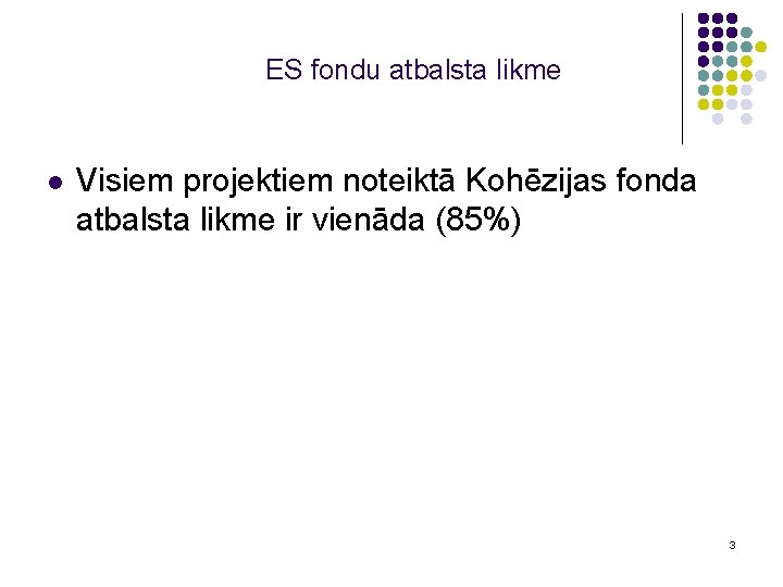 ES fondu atbalsta likme l Visiem projektiem noteiktā Kohēzijas fonda atbalsta likme ir vienāda