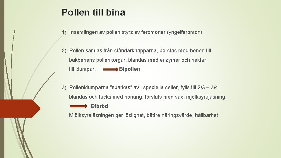 Pollen till bina 1) Insamlingen av pollen styrs av feromoner (yngelferomon) 2) Pollen samlas