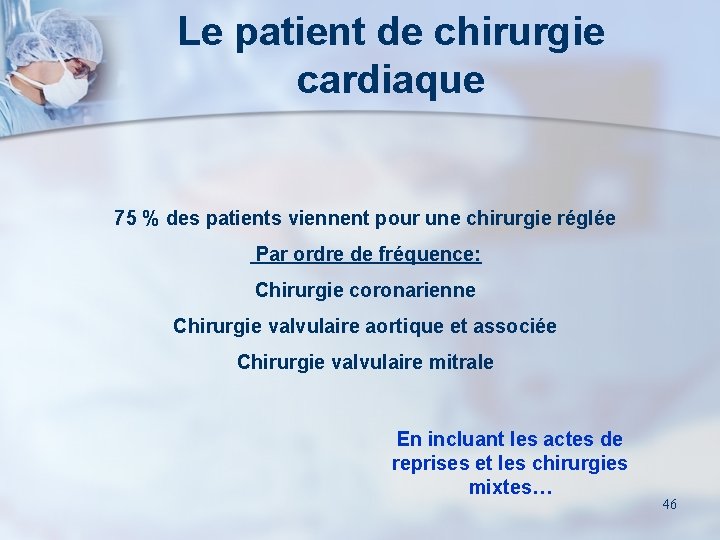 Le patient de chirurgie cardiaque 75 % des patients viennent pour une chirurgie réglée