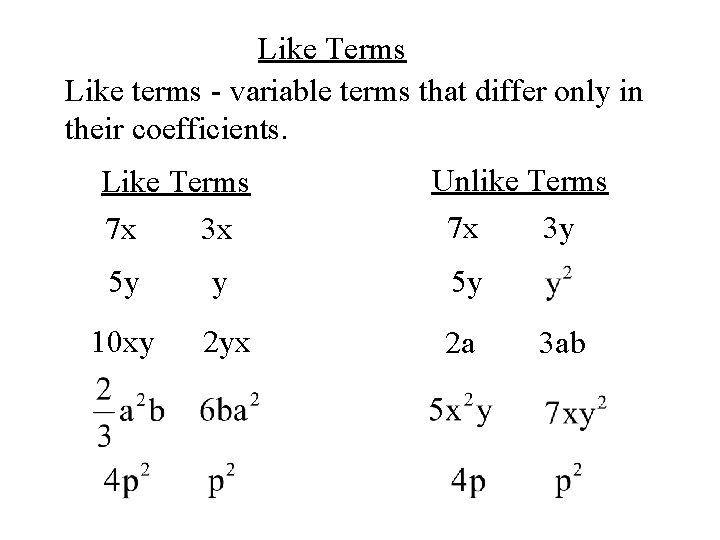 Like Terms Like terms - variable terms that differ only in their coefficients. Like