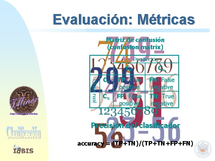 Evaluación: Métricas Matriz de confusión (confusion matrix) Predicción Clase real CP CN CP TP: