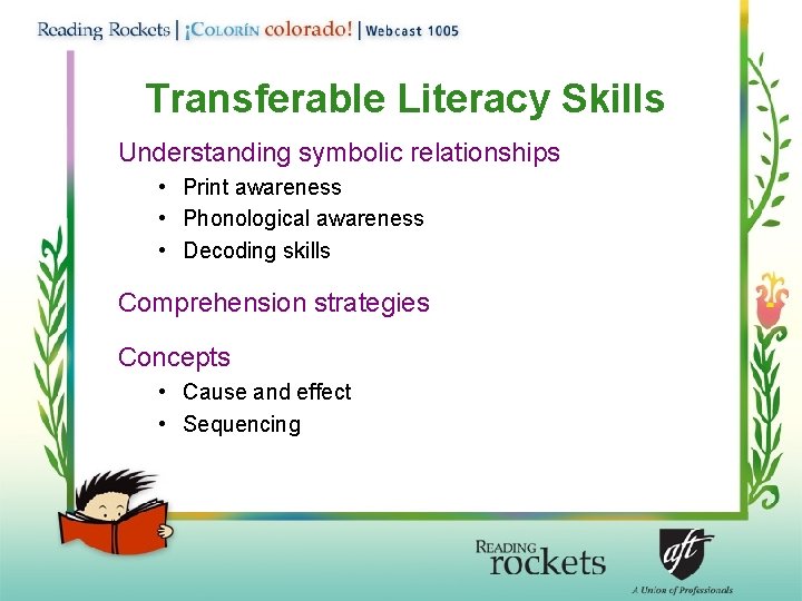 Transferable Literacy Skills Understanding symbolic relationships • Print awareness • Phonological awareness • Decoding