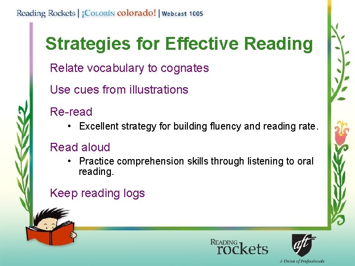 Strategies for Effective Reading Relate vocabulary to cognates Use cues from illustrations Re-read •