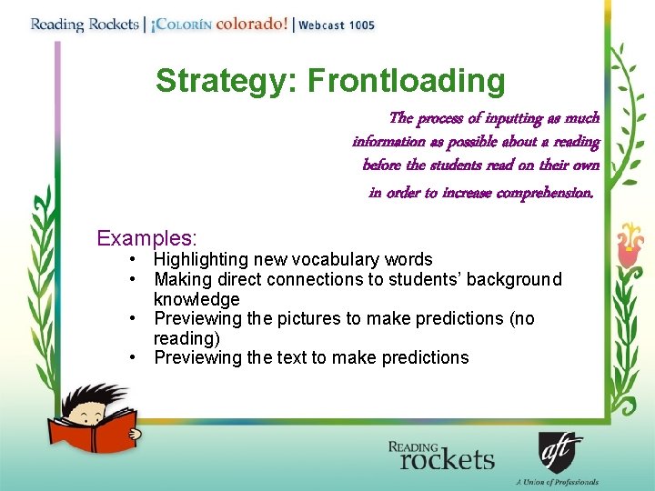 Strategy: Frontloading The process of inputting as much information as possible about a reading