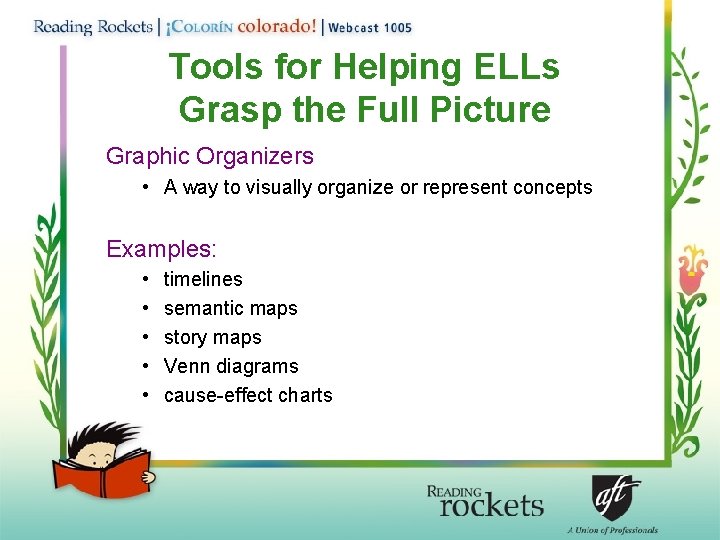 Tools for Helping ELLs Grasp the Full Picture Graphic Organizers • A way to