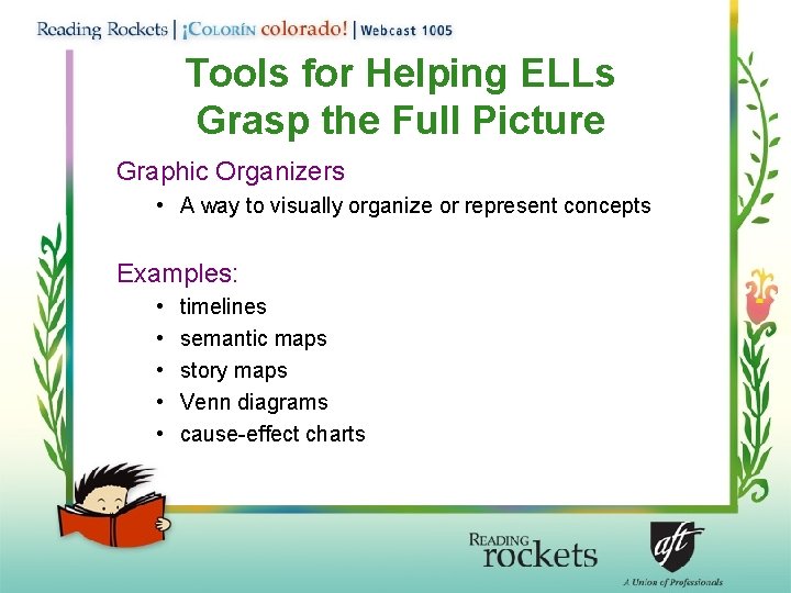 Tools for Helping ELLs Grasp the Full Picture Graphic Organizers • A way to