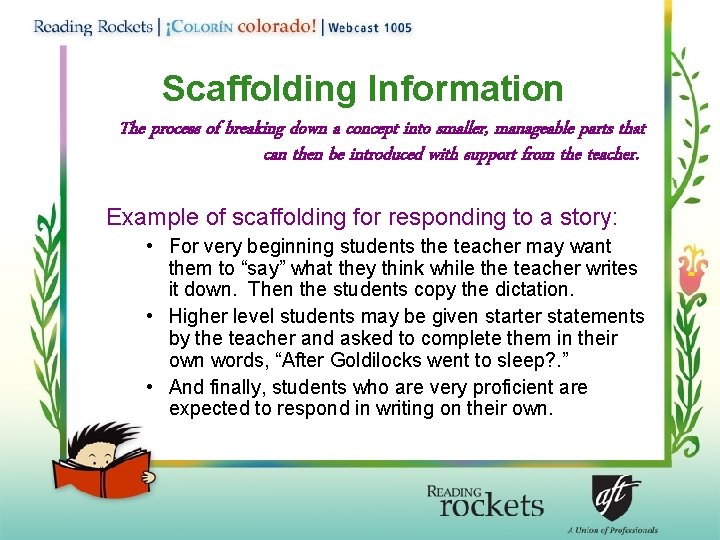 Scaffolding Information The process of breaking down a concept into smaller, manageable parts that