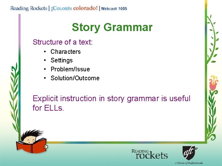 Story Grammar Structure of a text: • • Characters Settings Problem/Issue Solution/Outcome Explicit instruction