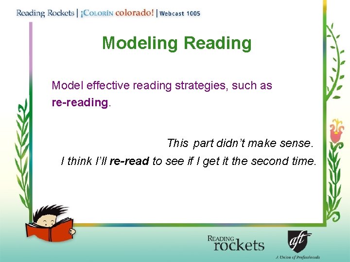 Modeling Reading Model effective reading strategies, such as re-reading. This part didn’t make sense.