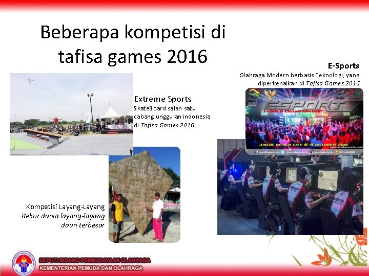 Beberapa kompetisi di tafisa games 2016 E-Sports Olahraga Modern berbasis Teknologi, yang diperkenalkan di