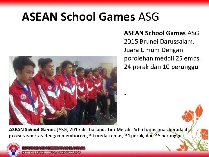 ASEAN School Games ASG 2015 Brunei Darussalam. Juara Umum Dengan porolehan medali 25 emas,