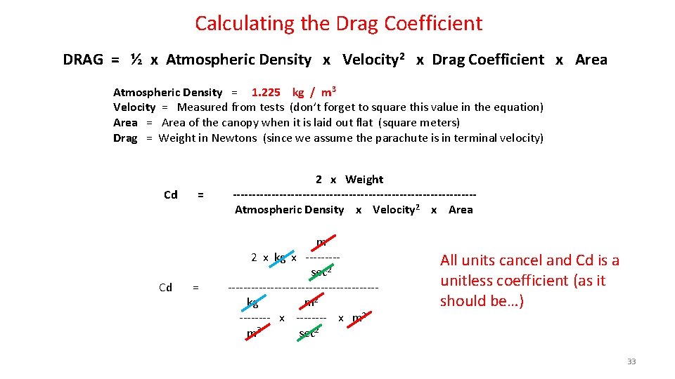 Calculating the Drag Coefficient DRAG = ½ x Atmospheric Density x Velocity 2 x