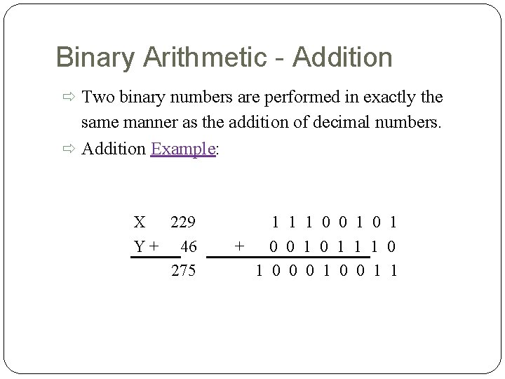 Binary Arithmetic - Addition Two binary numbers are performed in exactly the same manner