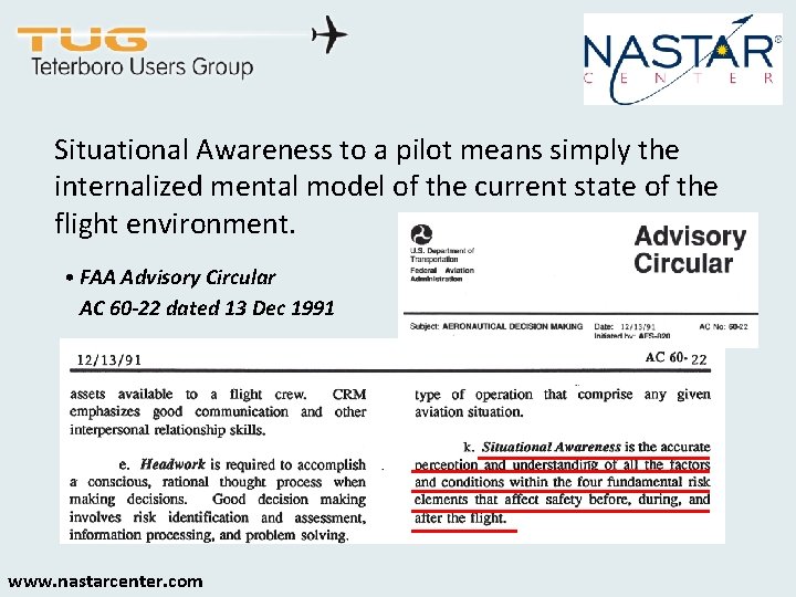 Situational Awareness to a pilot means simply the internalized mental model of the current