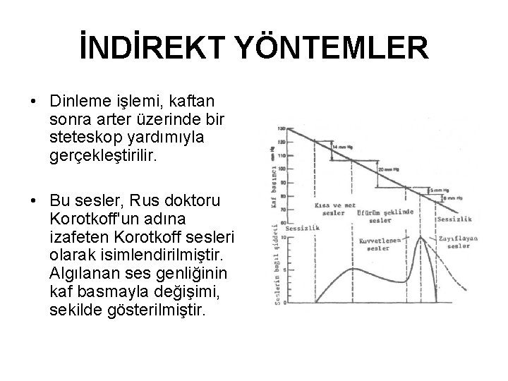 İNDİREKT YÖNTEMLER • Dinleme işlemi, kaftan sonra arter üzerinde bir steteskop yardımıyla gerçekleştirilir. •