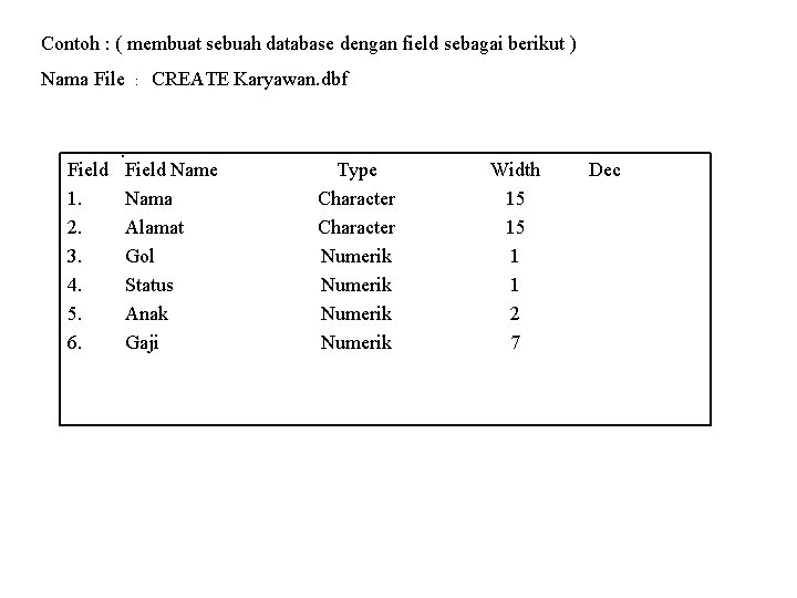 Contoh : ( membuat sebuah database dengan field sebagai berikut ) Nama File :