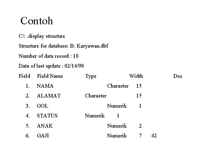 Contoh C/: . display structure Structure for database: B: Karyawan. dbf Number of data