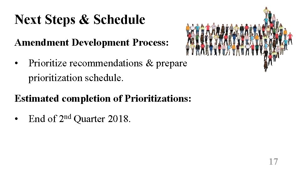 Next Steps & Schedule Amendment Development Process: • Prioritize recommendations & prepare prioritization schedule.