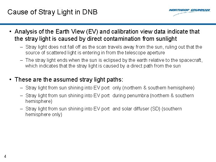 Cause of Stray Light in DNB • Analysis of the Earth View (EV) and