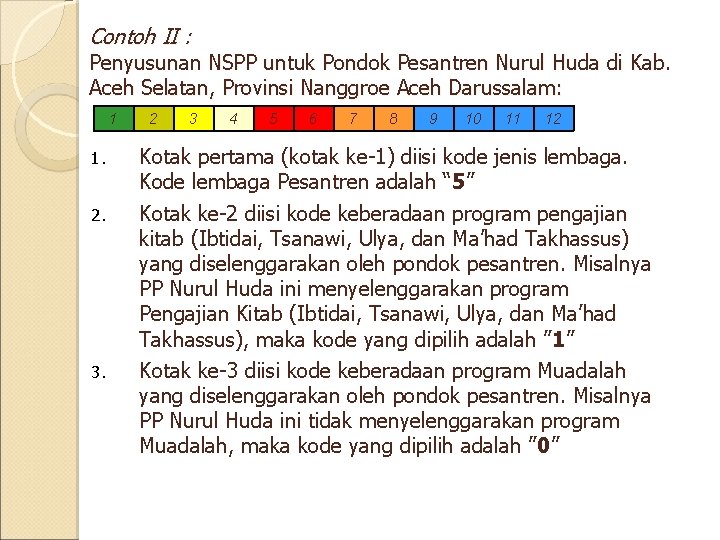 Contoh II : Penyusunan NSPP untuk Pondok Pesantren Nurul Huda di Kab. Aceh Selatan,