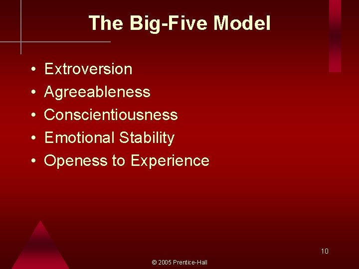 The Big-Five Model • • • Extroversion Agreeableness Conscientiousness Emotional Stability Openess to Experience