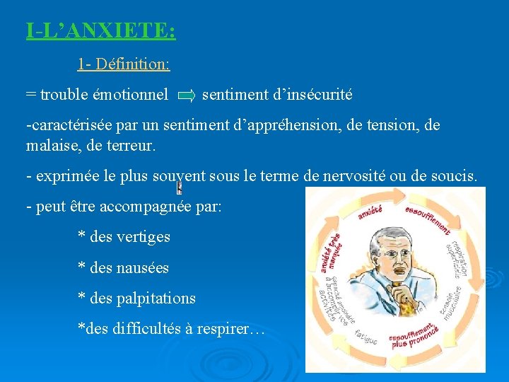 I-L’ANXIETE: 1 - Définition: = trouble émotionnel sentiment d’insécurité -caractérisée par un sentiment d’appréhension,