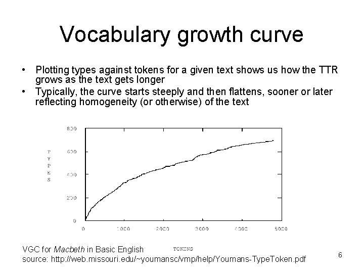 Vocabulary growth curve • Plotting types against tokens for a given text shows us