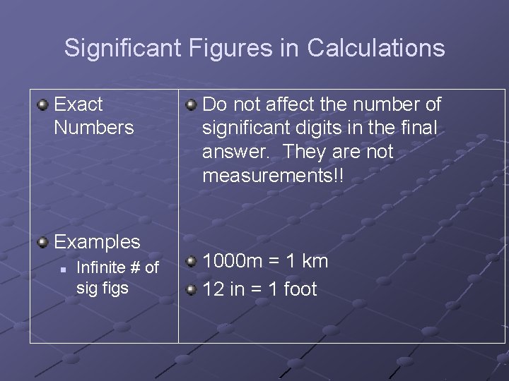 Significant Figures in Calculations Exact Numbers Examples n Infinite # of sig figs Do