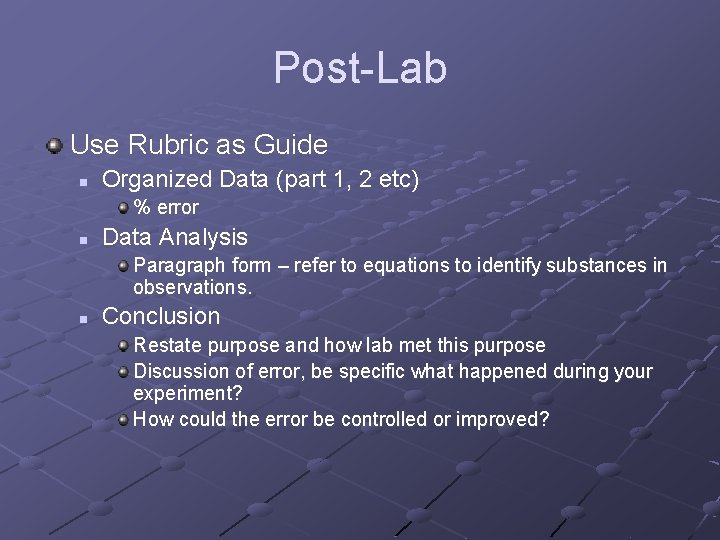 Post-Lab Use Rubric as Guide n Organized Data (part 1, 2 etc) % error