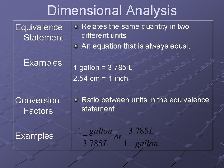 Dimensional Analysis Equivalence Statement Examples Conversion Factors Examples Relates the same quantity in two