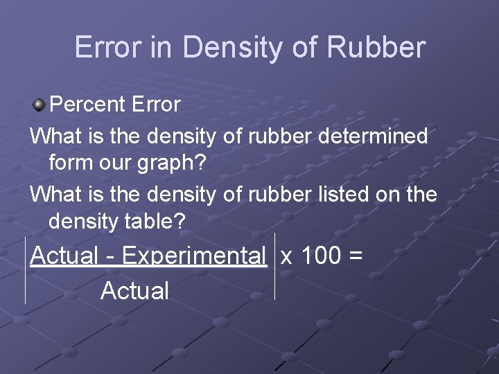 Error in Density of Rubber Percent Error What is the density of rubber determined