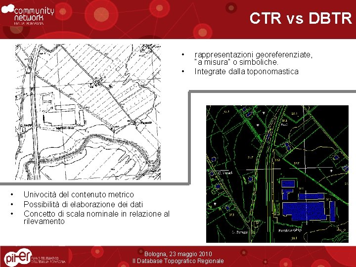 CTR vs DBTR • • • rappresentazioni georeferenziate, “a misura” o simboliche. Integrate dalla