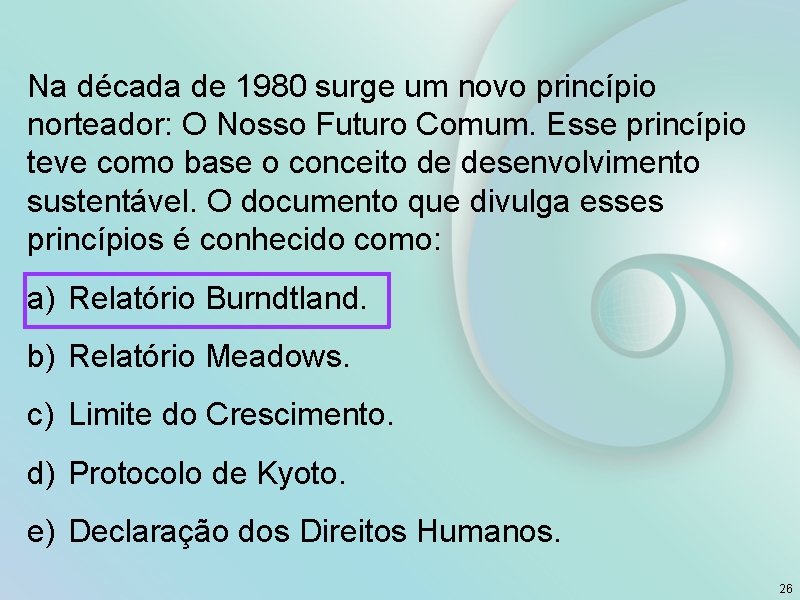 Na década de 1980 surge um novo princípio norteador: O Nosso Futuro Comum. Esse