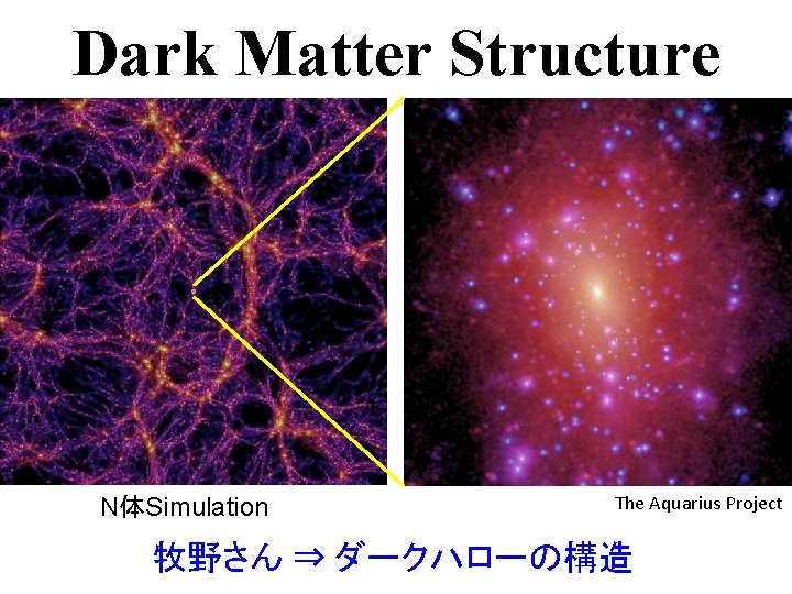 Dark Matter Structure N体Simulation The Aquarius Project 牧野さん ⇒ ダークハローの構造 