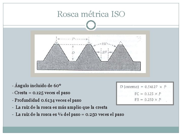 Rosca métrica ISO - Ángulo incluido de 60º - Cresta = 0. 125 veces