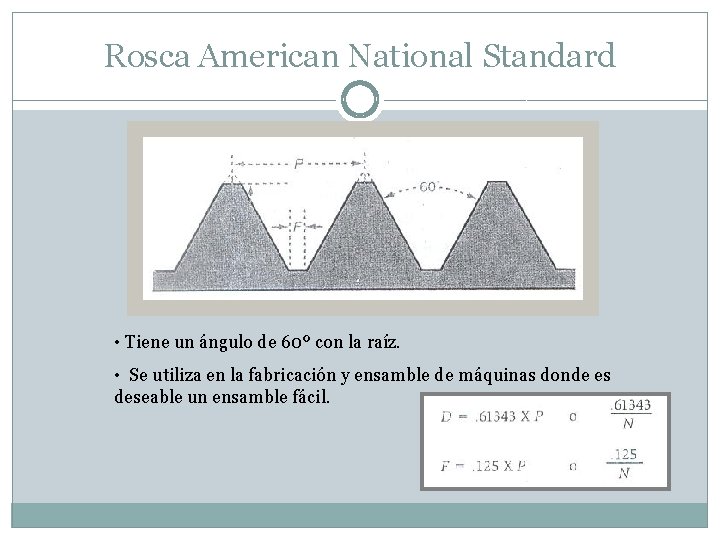 Rosca American National Standard • Tiene un ángulo de 60º con la raíz. •