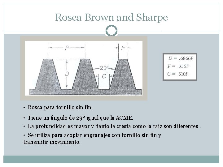 Rosca Brown and Sharpe • Rosca para tornillo sin fin. • Tiene un ángulo