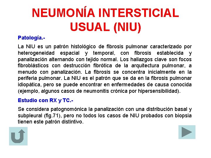 NEUMONÍA INTERSTICIAL USUAL (NIU) Patología. La NIU es un patrón histológico de fibrosis pulmonar