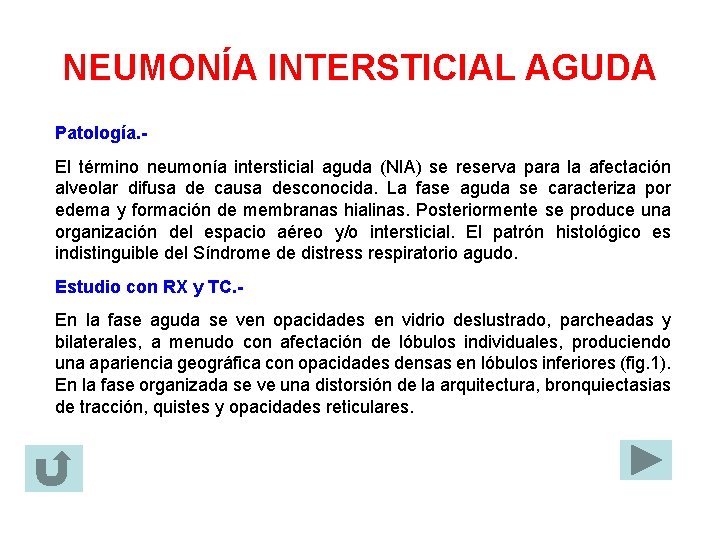 NEUMONÍA INTERSTICIAL AGUDA Patología. El término neumonía intersticial aguda (NIA) se reserva para la