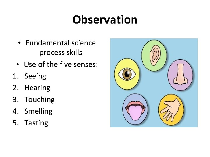 Observation • Fundamental science process skills • Use of the five senses: 1. Seeing