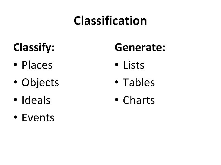 Classification Classify: • Places • Objects • Ideals • Events Generate: • Lists •