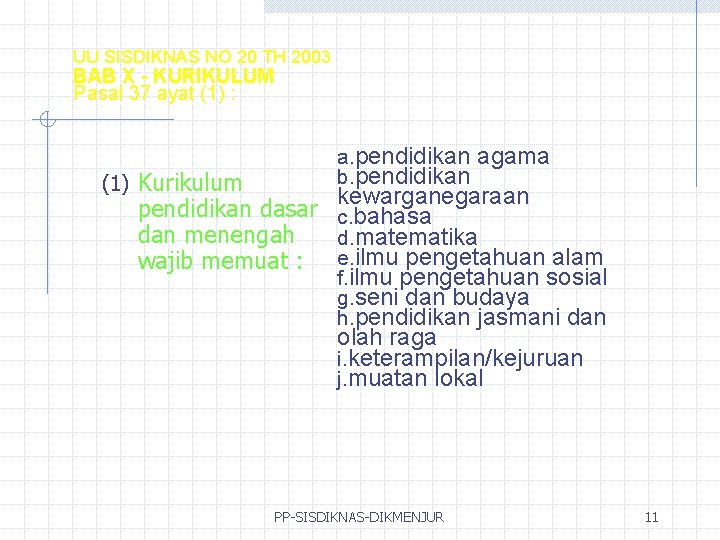 UU SISDIKNAS NO 20 TH 2003 BAB X - KURIKULUM Pasal 37 ayat (1)