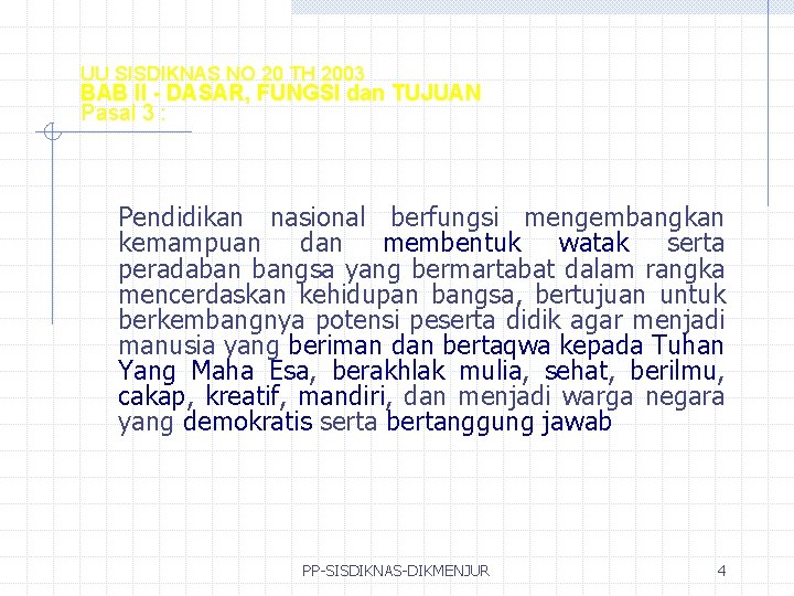 UU SISDIKNAS NO 20 TH 2003 BAB II - DASAR, FUNGSI dan TUJUAN Pasal