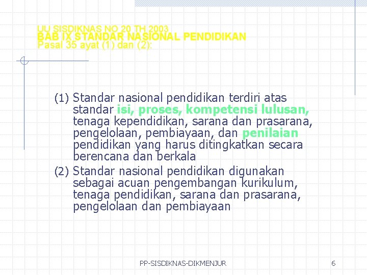 UU SISDIKNAS NO 20 TH 2003 BAB IX STANDAR NASIONAL PENDIDIKAN Pasal 35 ayat