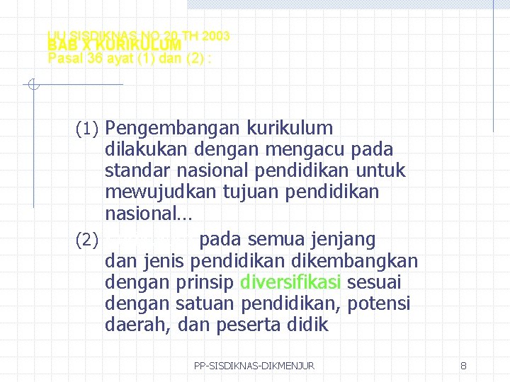 UU SISDIKNAS NO 20 TH 2003 BAB X KURIKULUM Pasal 36 ayat (1) dan